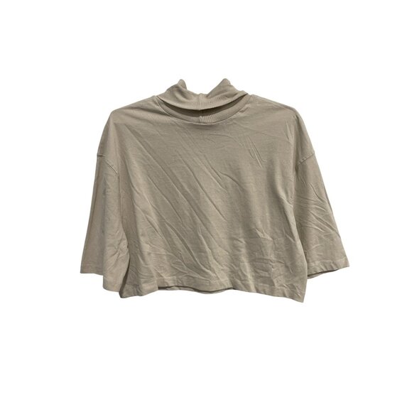 Zara Crop Top Size Medium Turtleneck Elbow Sleeve Beige Tan Neutral Minimalist - Picture 2 of 6